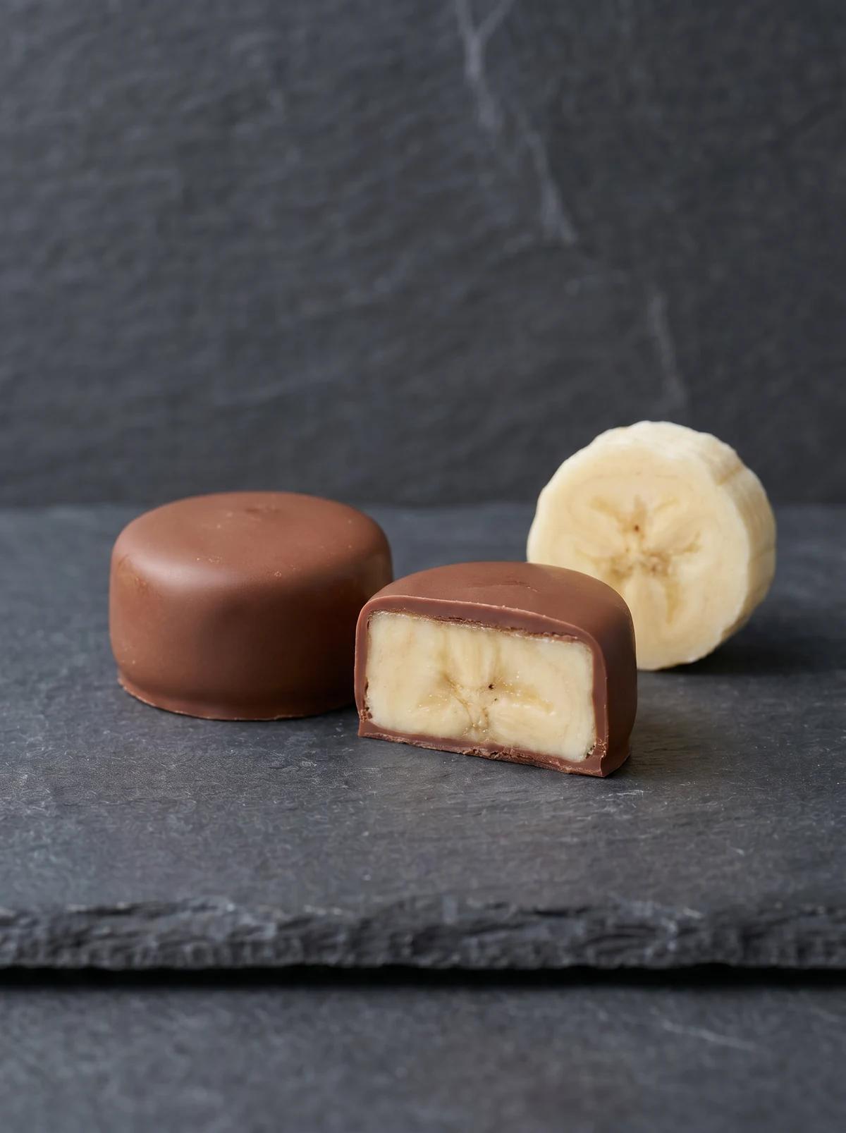 Bon bon Very Berry Banana: banana in copertura singola di cioccolato al latte, tagliata a metà