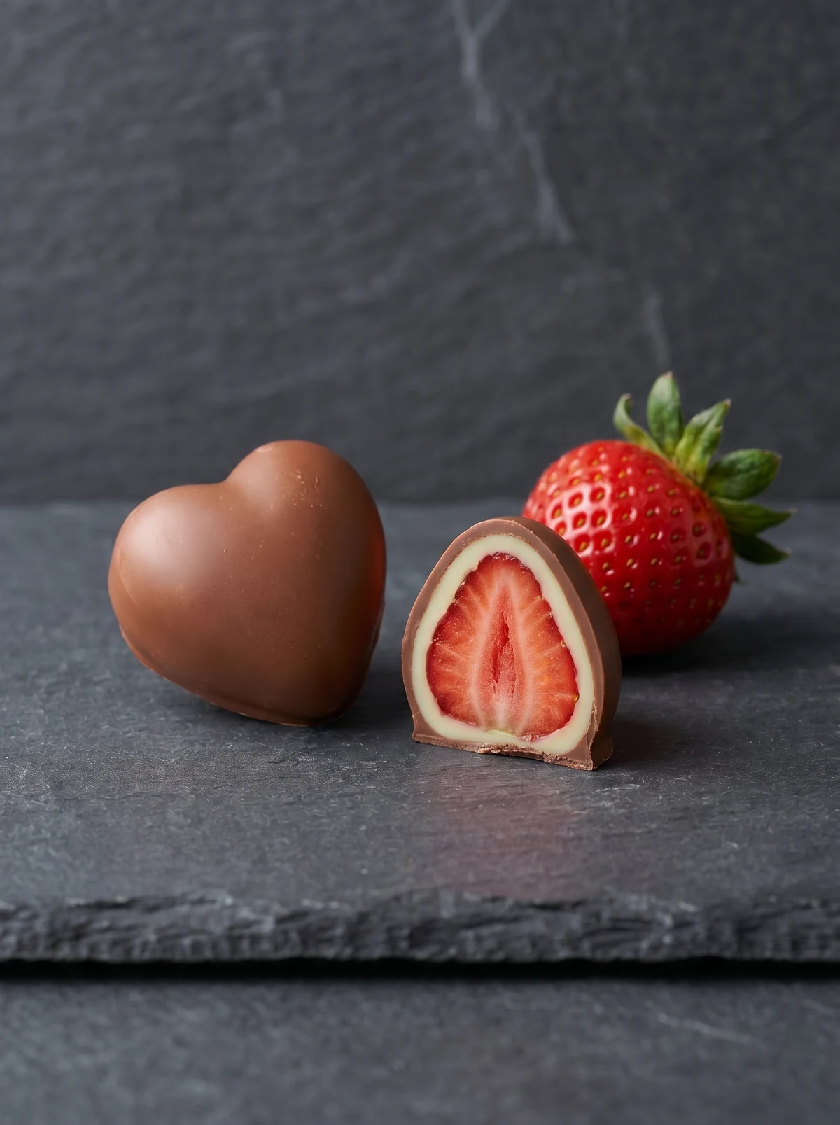 Bon bon a doppia copertura su ardesia: strato di cioccolato bianco sotto il latte, frutto rosso vero al cuore
