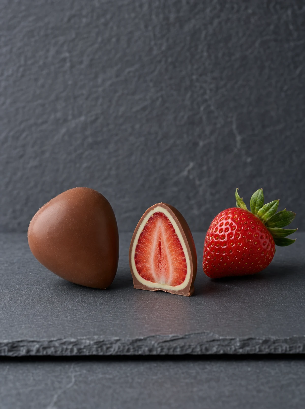 Bon bon Very Berry Fragola su ardesia: fragola intera in doppia copertura, tagliata a metà e frutto fresco
