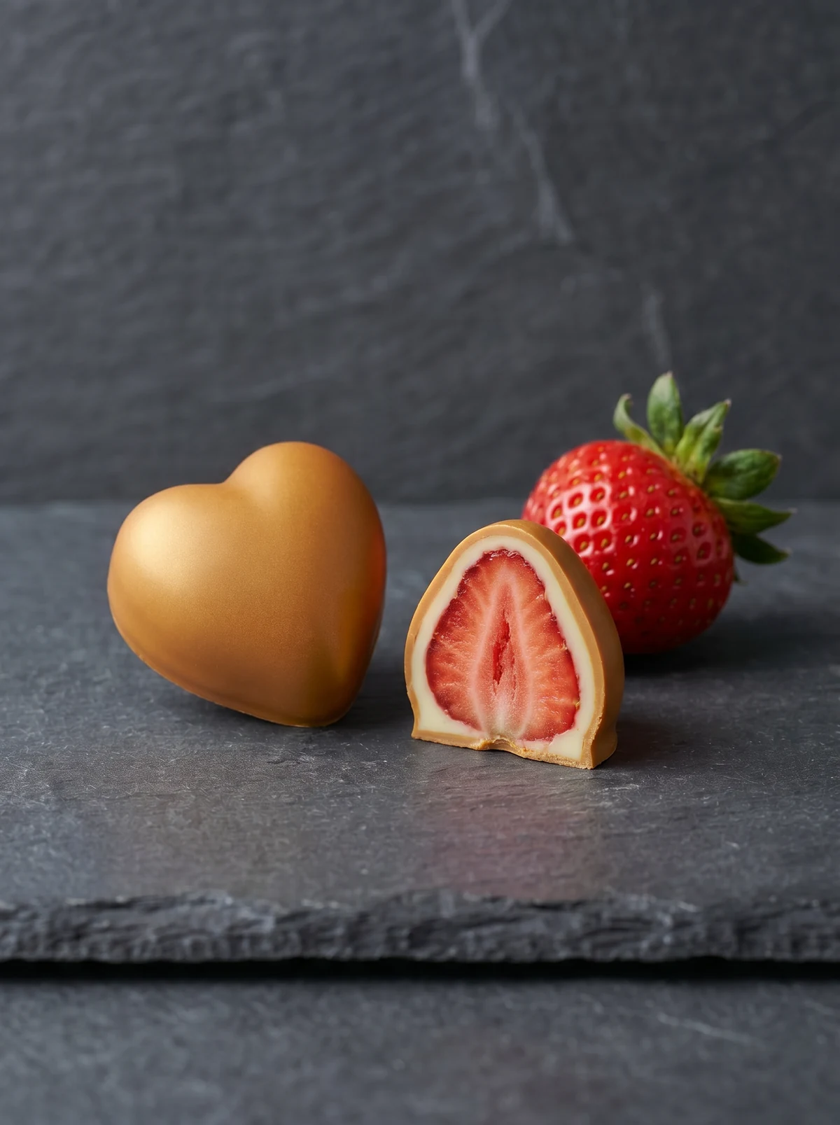 Bon bon Very Berry Gold su ardesia: fragola in cioccolato biondo, intero, tagliato a metà e frutto fresco