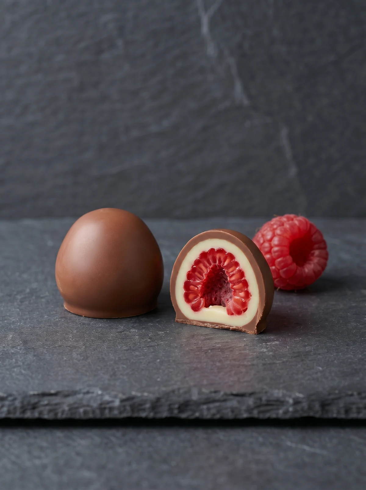 Bon bon Very Berry Lampone: lampone intero in doppia copertura di cioccolato al latte, tagliato a metà