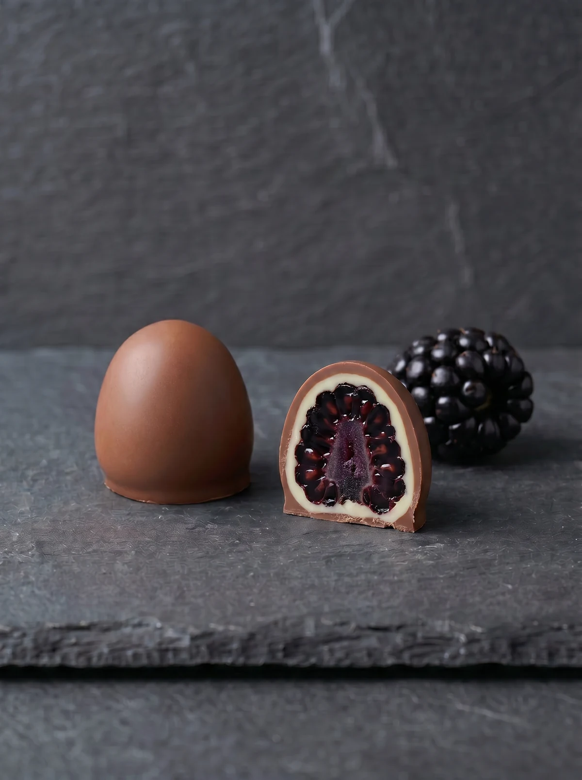 Bon bon Very Berry Mora: mora intera in doppia copertura di cioccolato al latte, tagliata a metà
