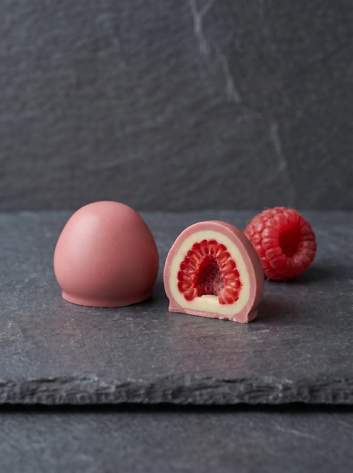 Bon bon Very Berry Pink su ardesia: lampone in cioccolato rosa, intero, tagliato a metà e frutto fresco