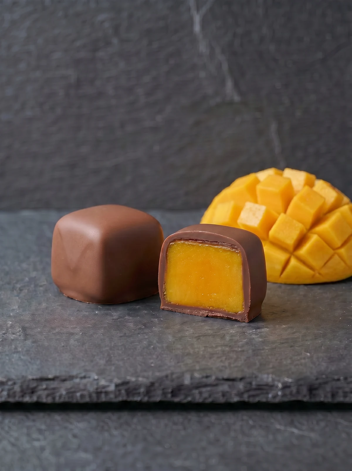 Bon bon a copertura singola su ardesia: un solo strato di cioccolato al latte sul frutto dolce