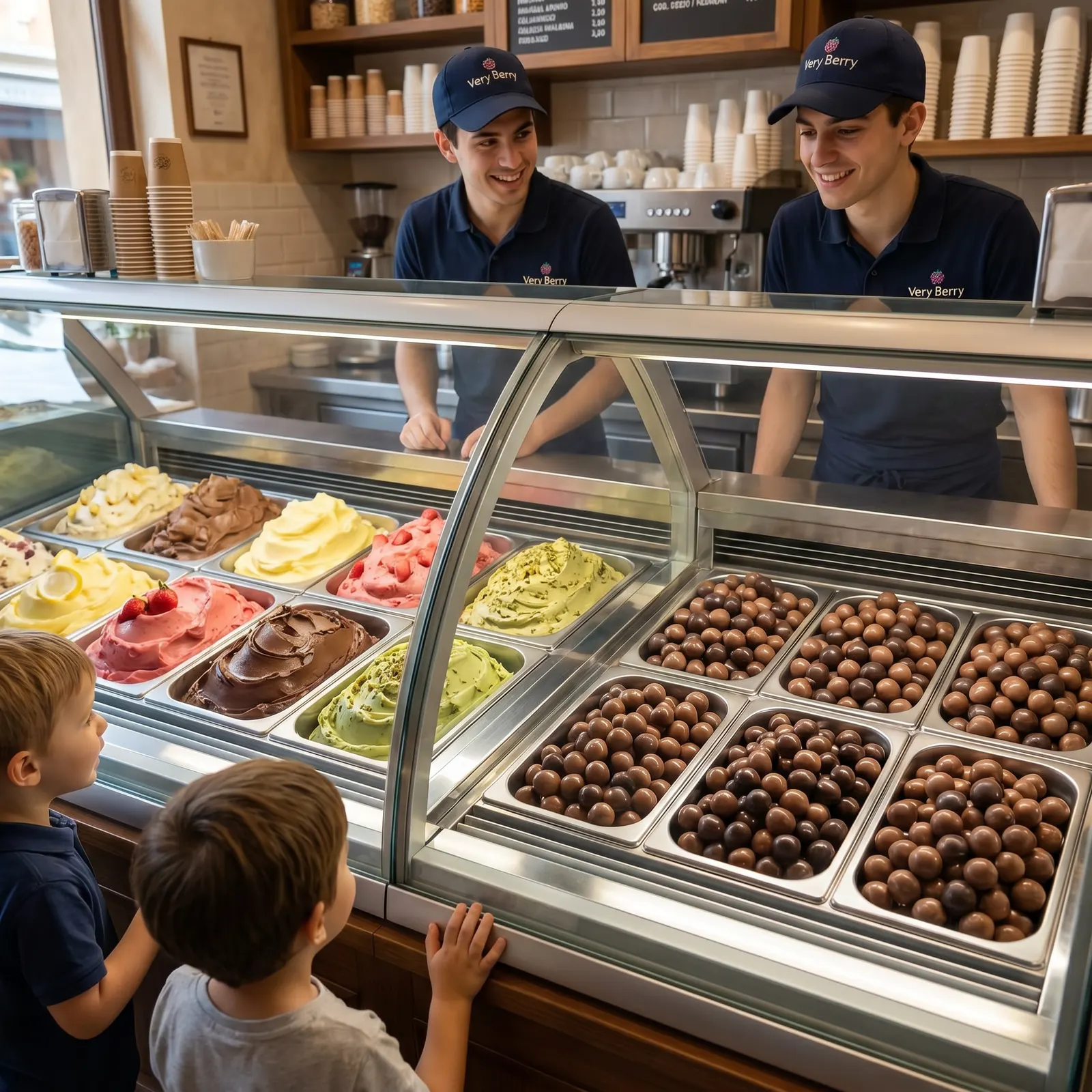 Banco gelateria: metà gelato classico e metà bon bon Very Berry al latte, serviti dal banco con coppette S M L brandizzate