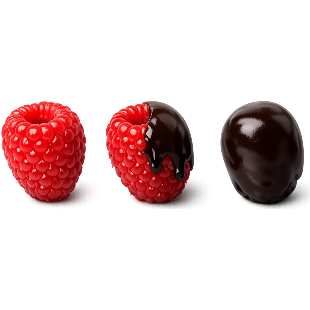 Bonbon Very Berry Dark: fragola con copertura di cioccolato fondente, uno intero e uno tagliato a metà con il cuore di cioccolato bianco