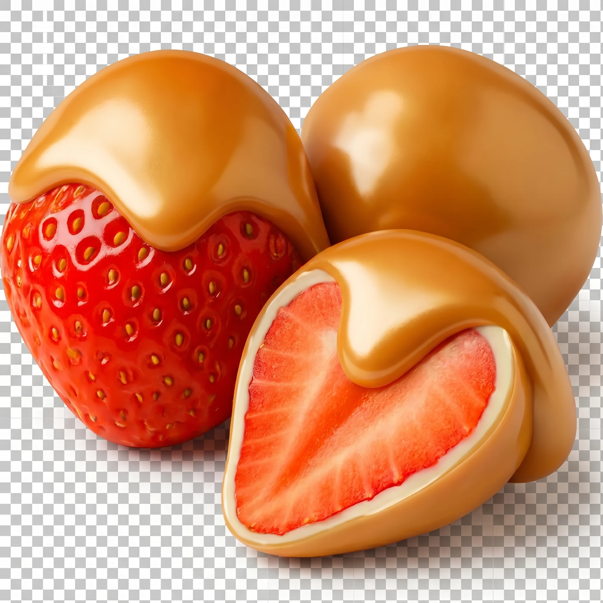 Bonbon Very Berry Gold: fragola con copertura di cioccolato biondo dorato e cuore di cioccolato bianco, uno intero e uno tagliato a metà