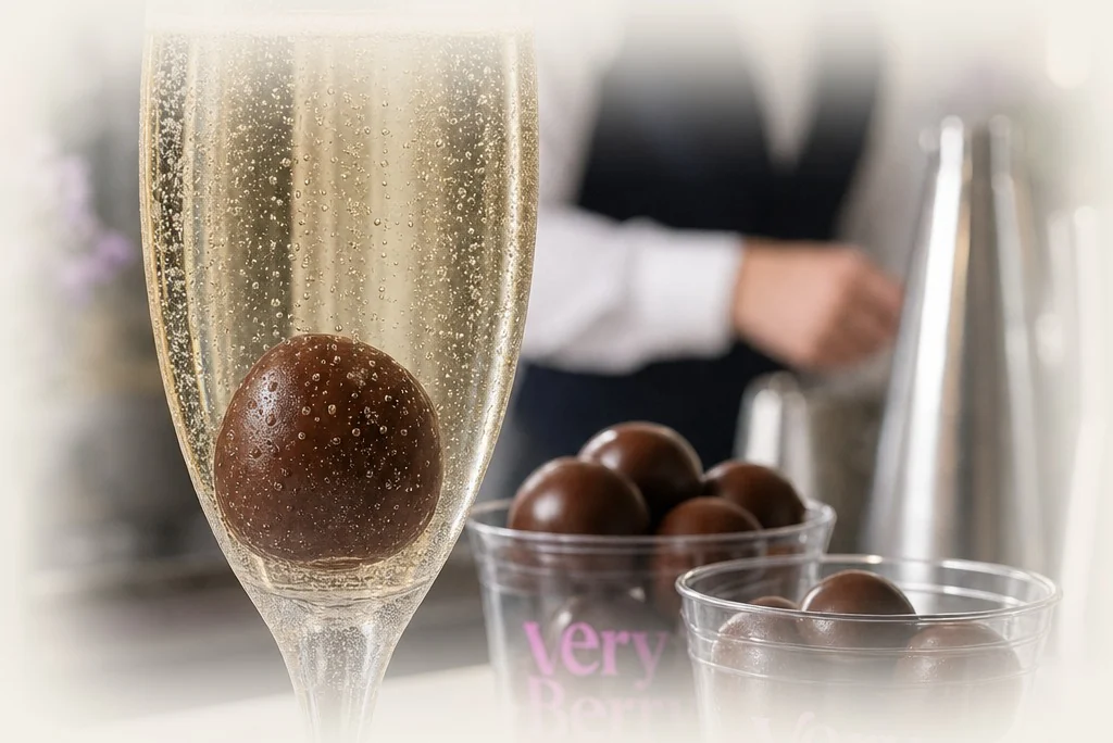 Bon bon Very Berry in un calice di prosecco al bancone del bar