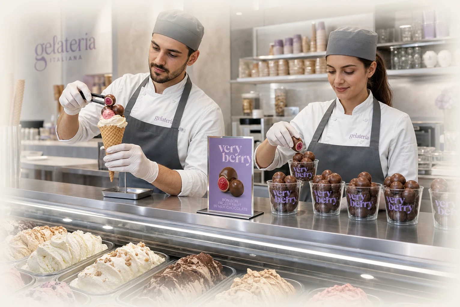 Banco gelateria con espositore Very Berry e bon bon nelle coppette