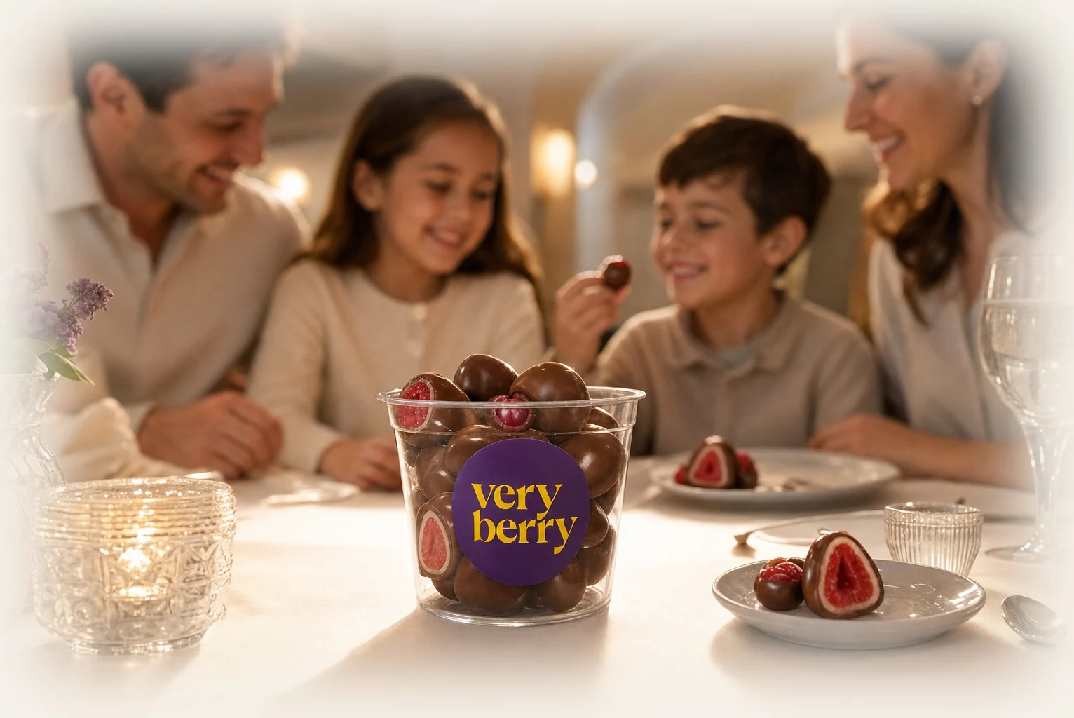 Famiglia al ristorante con una coppa Very Berry come dessert