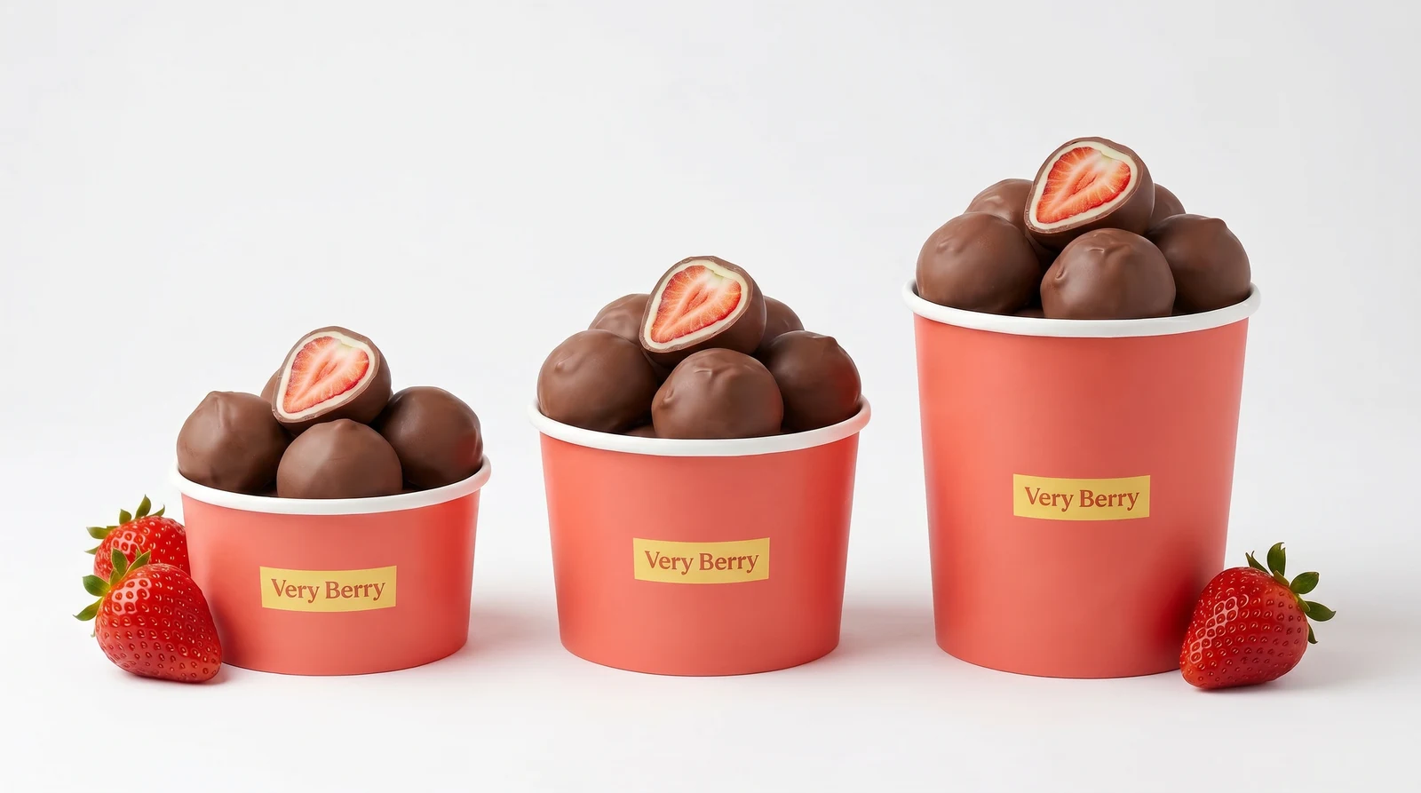 Tre coppette Very Berry di grandezze diverse riempite di bonbon di frutta ricoperti di cioccolato