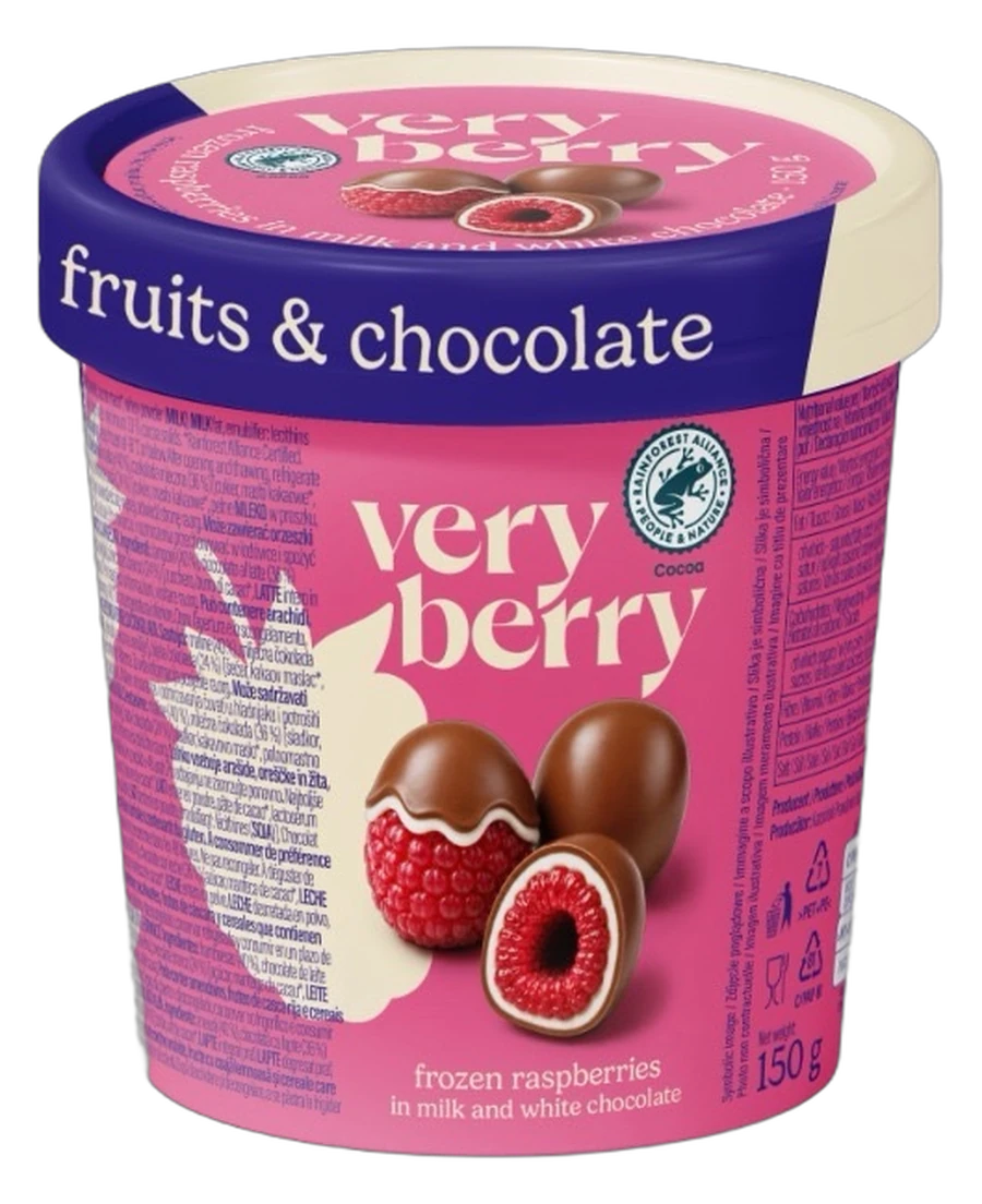 Cup Very Berry Lampone 150 g — lamponi interi ricoperti di cioccolato al latte e bianco