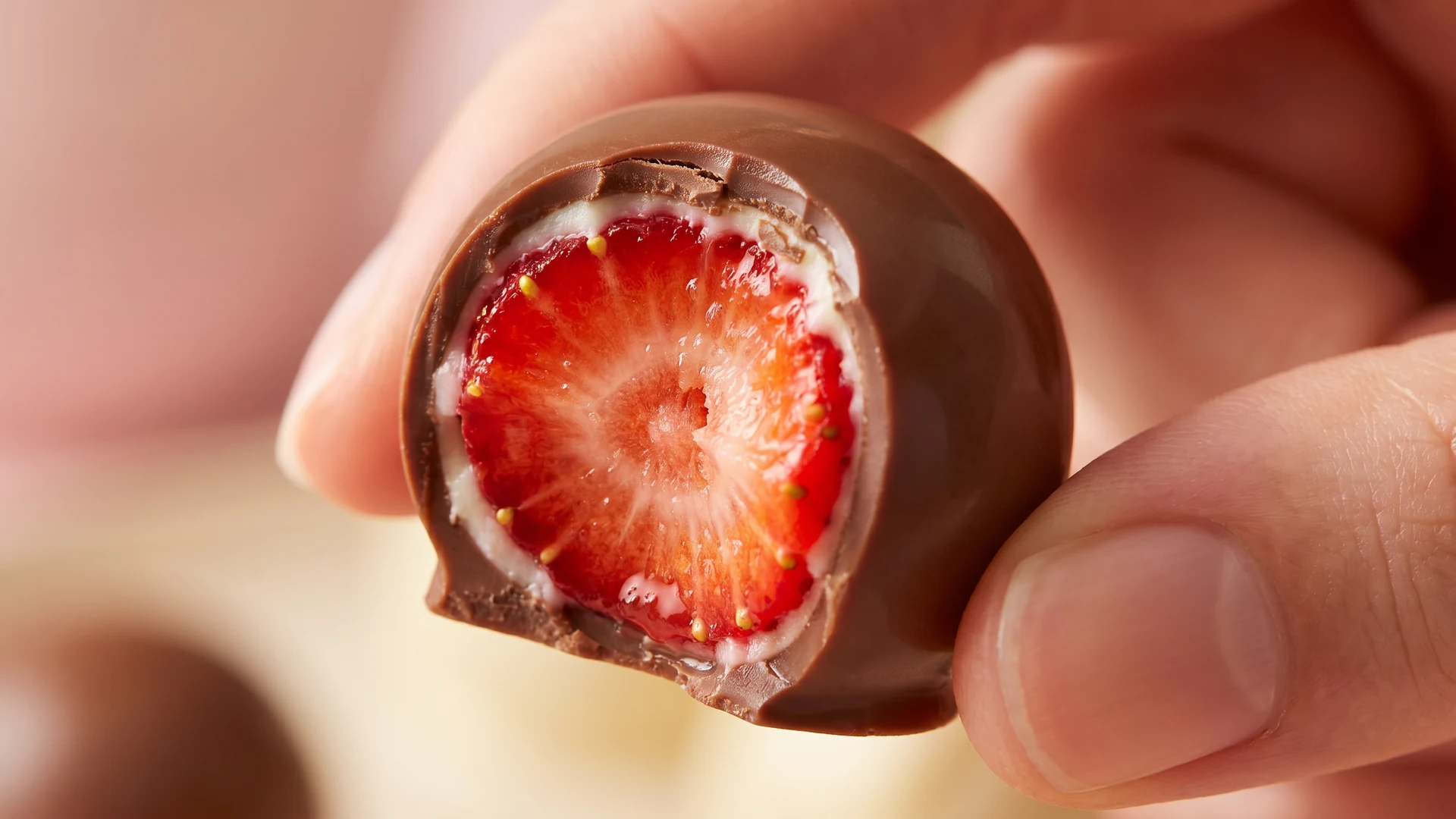 Macro: un bonbon Very Berry morso, la fragola vera dentro la copertura di cioccolato