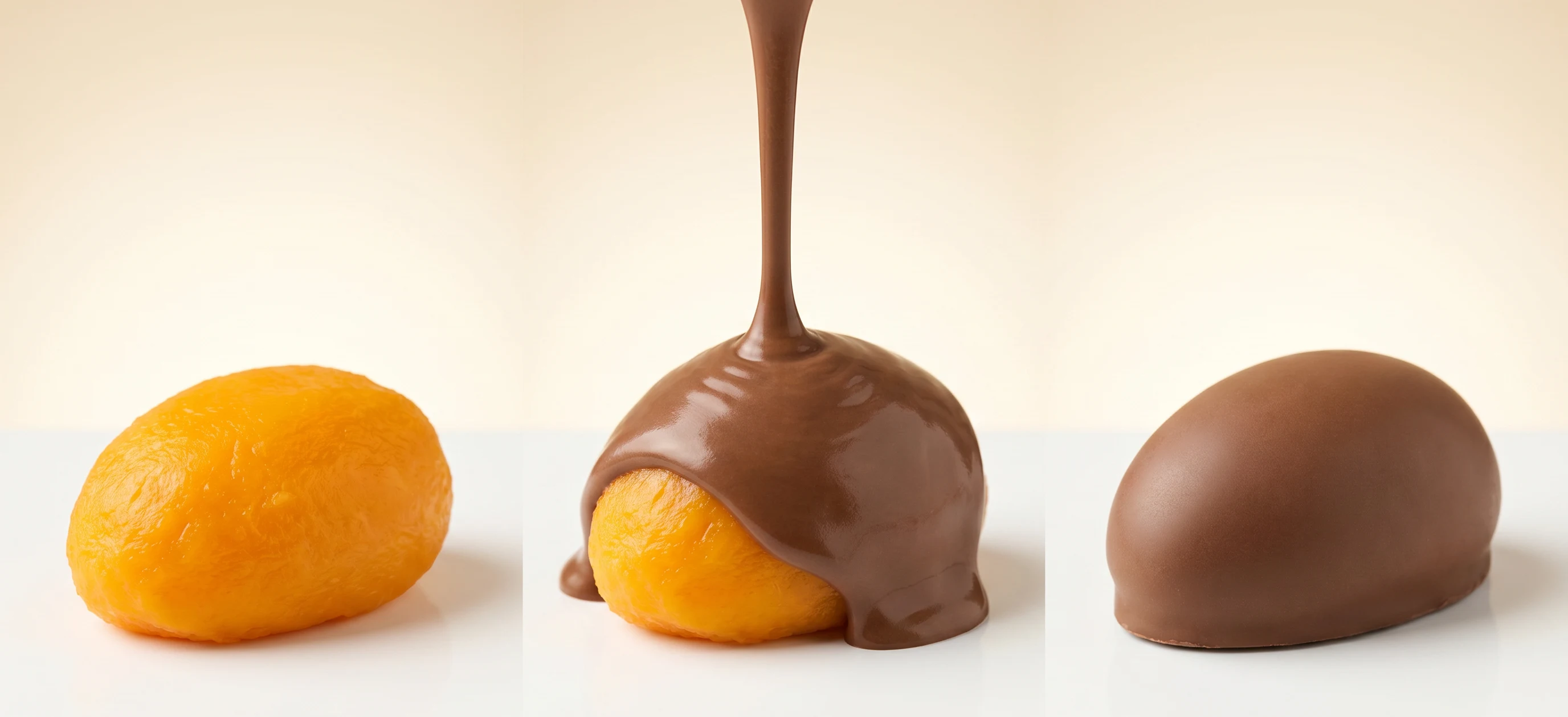 Mango: frutto, colata di cioccolato, cupola intera ricoperta