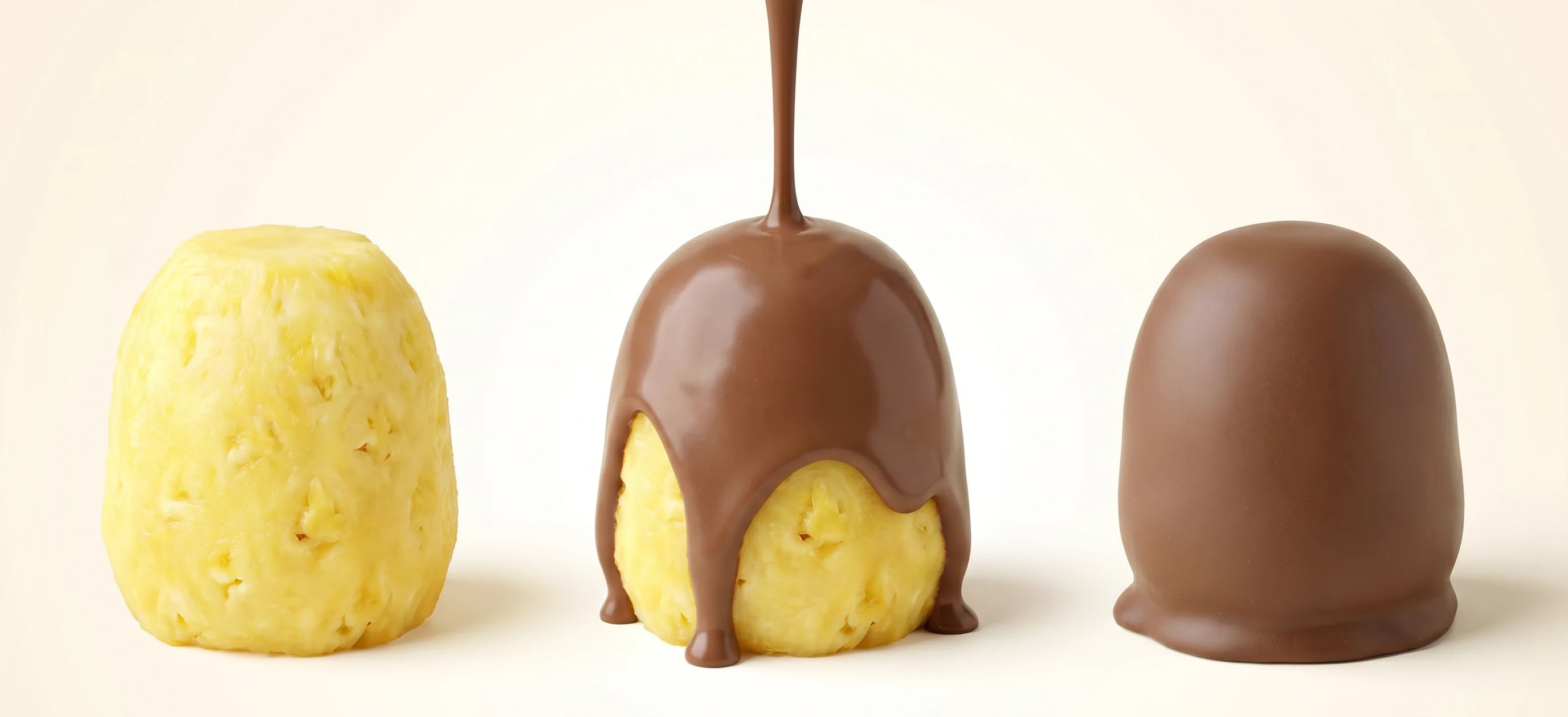 Ananas: frutto, colata di cioccolato, cupola intera ricoperta