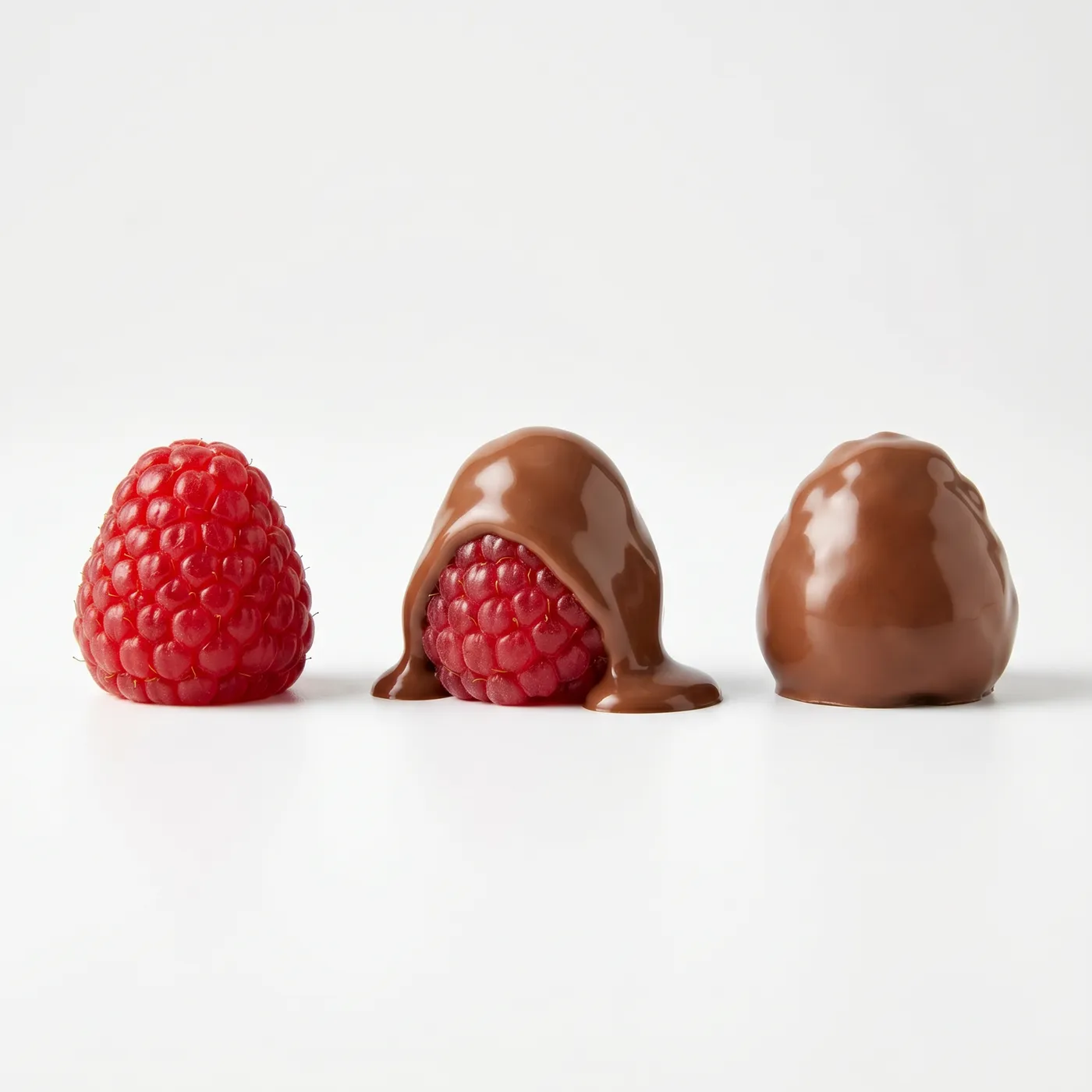 Lampone: frutto, colata di cioccolato, cupola intera ricoperta