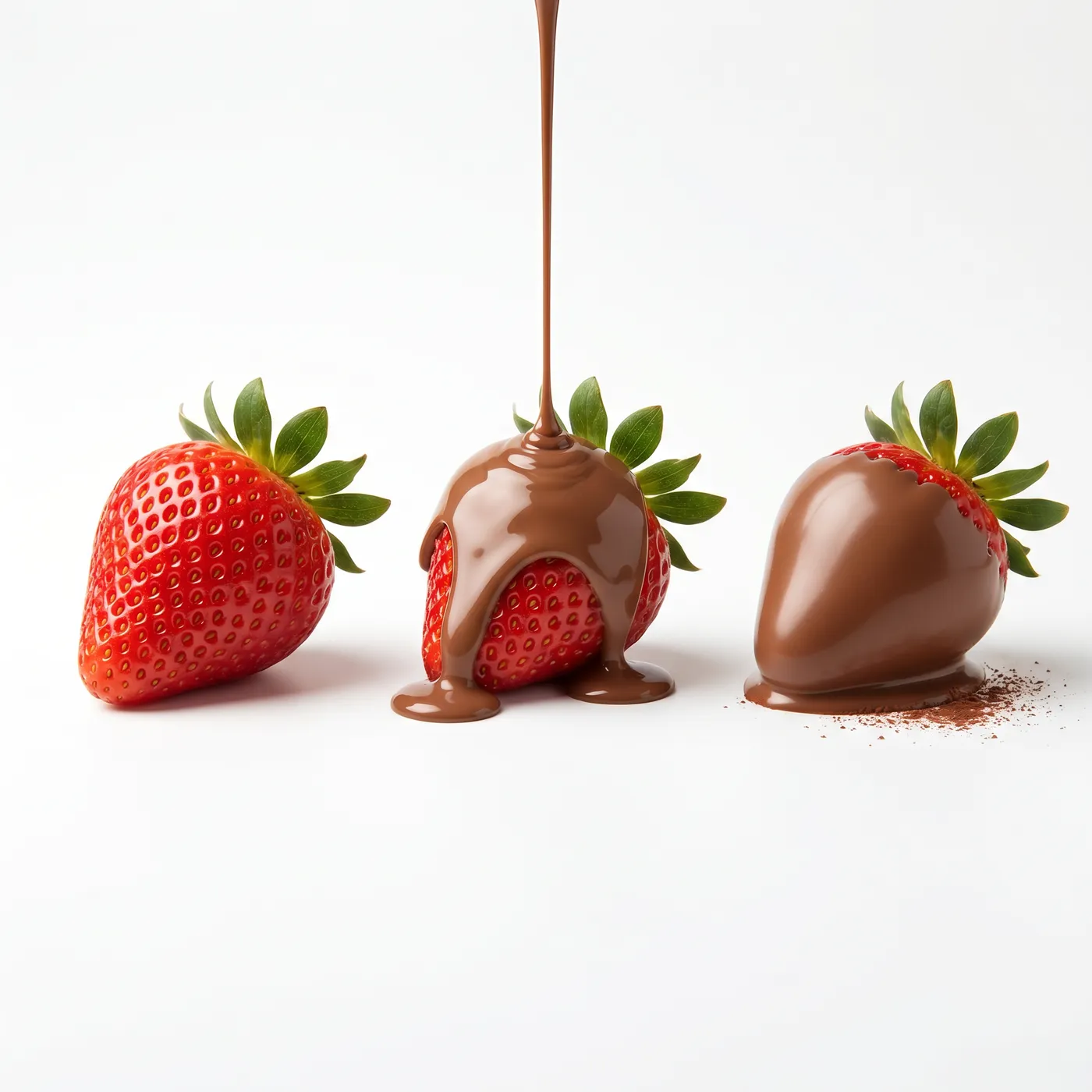 Fragola: frutto, colata di cioccolato, cupola intera ricoperta
