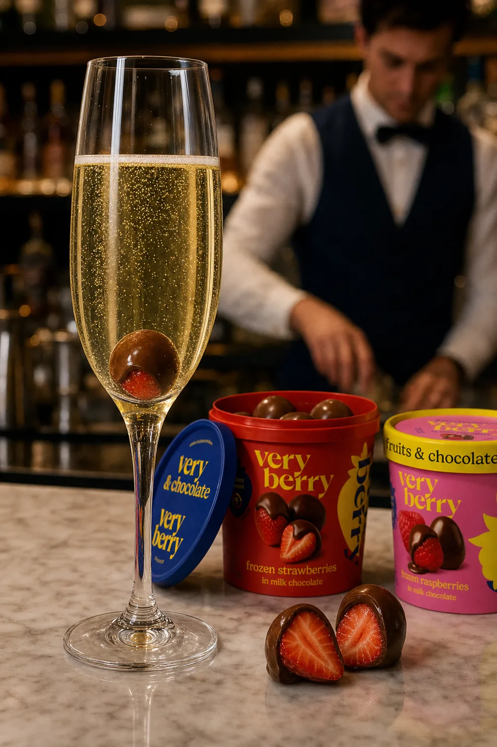 Bonbon Very Berry in un calice di prosecco